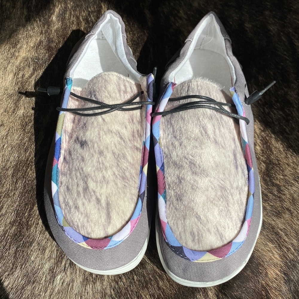 Faux Hair On Flat Sneaker - With Edging - Similar to Hey Dudes - Picture 2 of 4